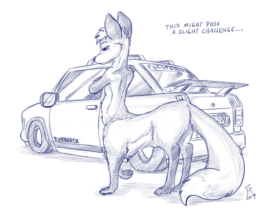 2019 canid canid_taur canine canine_taur car english_text flinters fox fox_taur fur hair half-closed_eyes male mammal nude solo taur text vehicle