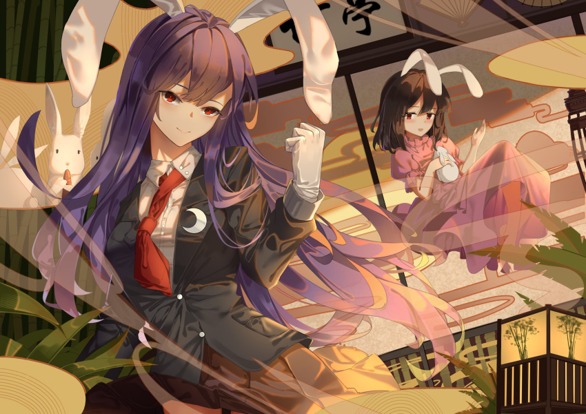 :d absurdres animal animal_ears barefoot blazer brown_hair bunny bunny_ears clenched_hand commentary_request crescent crescent_moon_pin dress floating gloves hair_between_eyes hand_up hands_up highres holding holding_animal inaba_tewi jacket kray._(k-ray) long_hair looking_at_viewer medium_hair multiple_girls open_mouth pink_dress pleated_skirt puffy_short_sleeves puffy_sleeves purple_hair red_eyes red_neckwear reisen_udongein_inaba shirt short_sleeves skirt smile touhou very_long_hair white_gloves white_shirt