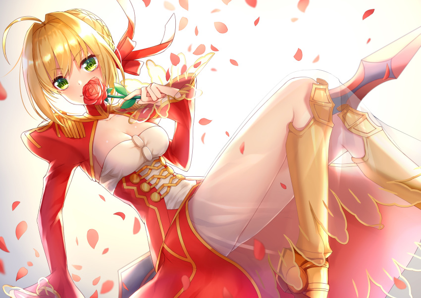 aestus_estus ahoge armored_boots bangs blonde_hair blush boots bow braid breasts cleavage closed_mouth commentary_request dress dutch_angle epaulettes eyebrows_visible_through_hair fate/extra fate_(series) flower green_eyes hair_between_eyes hair_bow hair_bun hair_intakes hand_up highres holding holding_flower juliet_sleeves knee_boots long_hair long_legs long_sleeves medium_breasts nero_claudius_(fate) nero_claudius_(fate)_(all) petals puffy_sleeves red_bow red_dress red_flower red_rose rose see-through sidelocks sleeves_past_wrists sll smile solo wide_sleeves