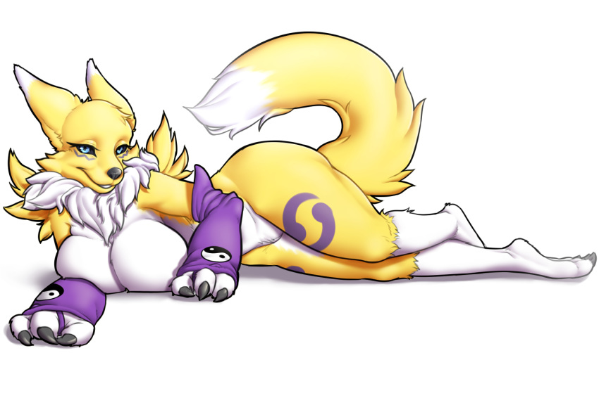 3_fingers 3_toes bedroom_eyes black_sclera blue_eyes breasts canine digimon female fox half-closed_eyes invalid_color lying mammal neck_tuft on_side renamon seductive simple_background solo strawberrycucumber toes tuft white_background