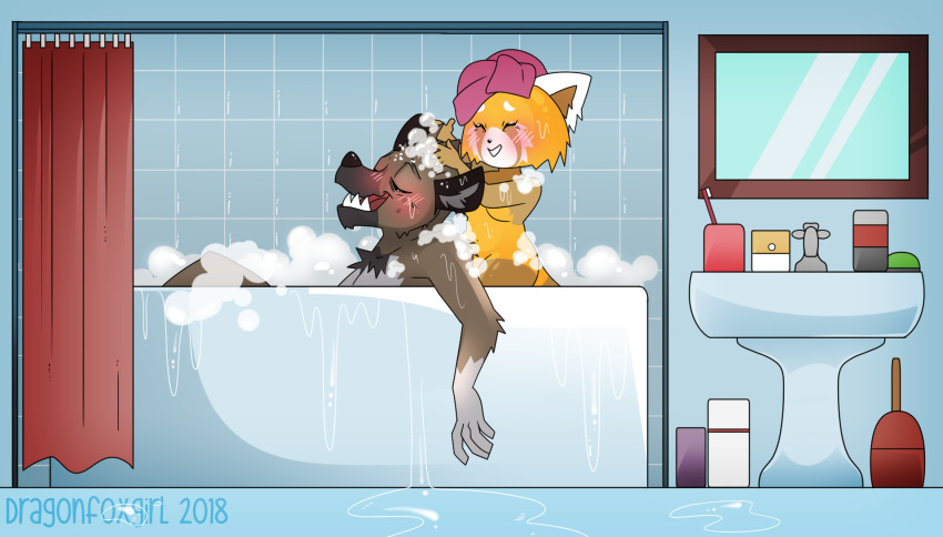 aggressive_retsuko anthro bath bathroom blush dragonfoxgirl duo female haida happy hyena male male/female mammal red_panda retsuko sanrio scrubbing