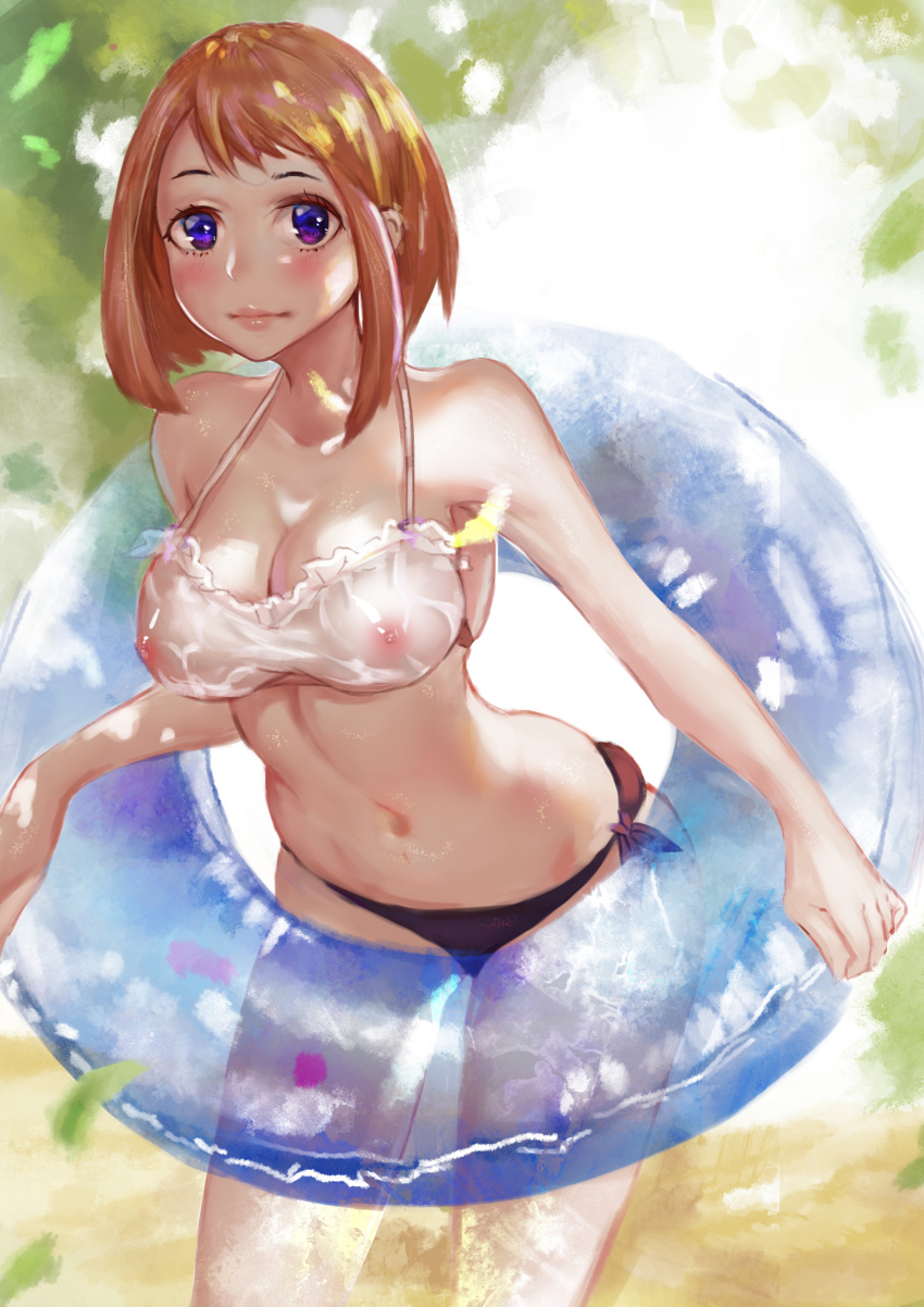 absurdres bangs bikini blush boku_no_hero_academia breasts brown_bikini_bottom brown_hair covered_nipples cowboy_shot day frilled_bikini_top highres innertube large_breasts leaf leaning_forward lips looking_at_viewer navel pink_lips purple_eyes see-through short_hair side-tie_bikini solo swimsuit toutouko uraraka_ochako white_bikini_top