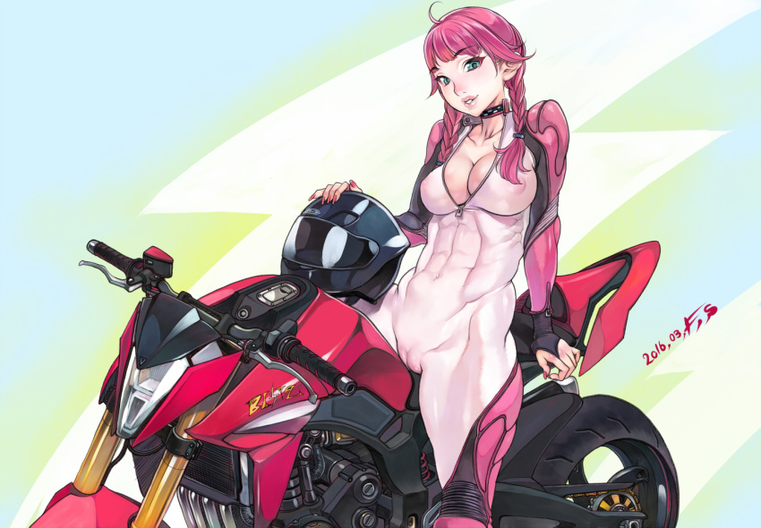 abs bodysuit braid cameltoe dated f.s. green_eyes ground_vehicle helmet lips motor_vehicle motorcycle motorcycle_helmet muscle muscular_female on_motorcycle original pink_hair skin_tight solo twin_braids