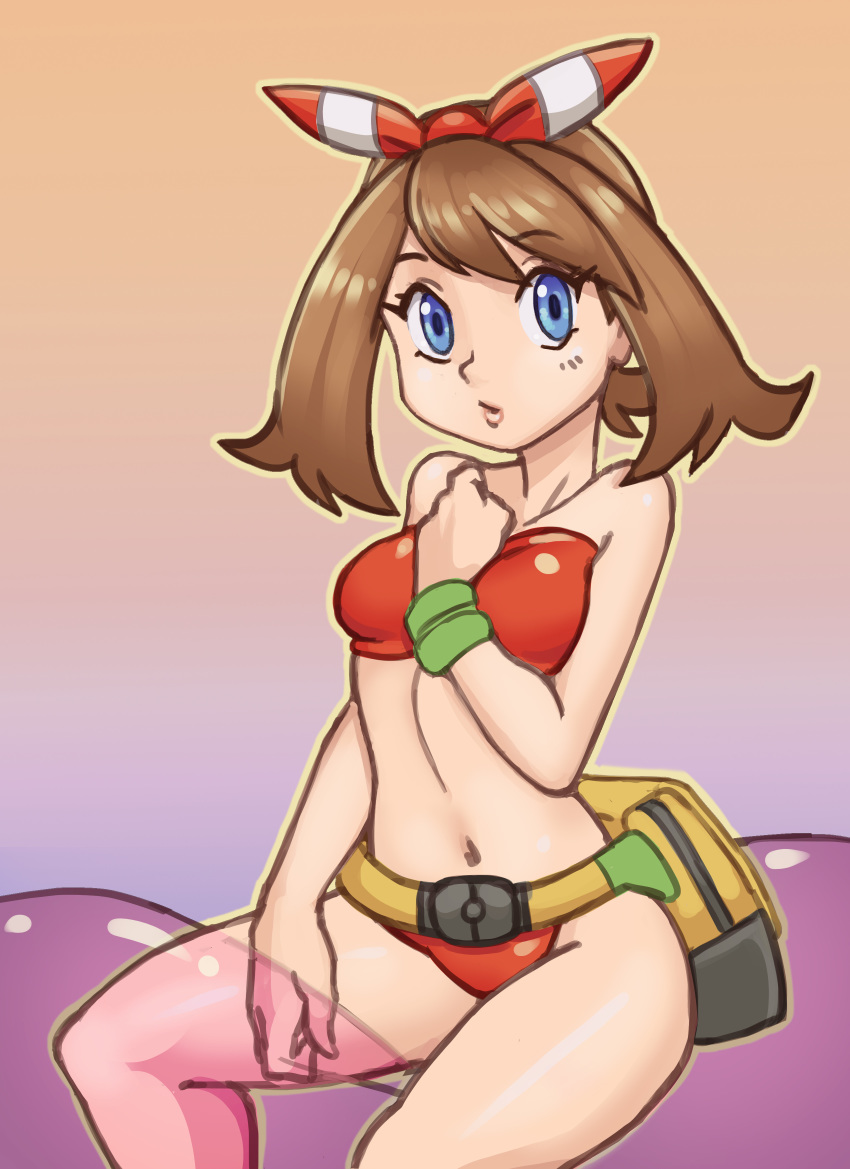 1girl absurdres bag bare_shoulders bikini blue_eyes breasts brown_hair collarbone eyebrows_visible_through_hair female gradient gradient_background hand_up haruka_(pokemon) haruka_(pokemon)_(remake) headband highres lips nauth navel outline pokemon pokemon_(game) pokemon_oras red_bikini red_headband shiny shiny_skin simple_background sitting small_breasts solo strapless swimsuit transparent