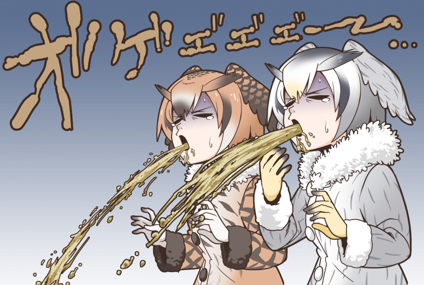 brown_hair disgust eurasian_eagle_owl_(kemono_friends) fur_collar gradient gradient_background grey_hair head_wings highres hollow_eyes kemono_friends multicolored_hair multiple_girls northern_white-faced_owl_(kemono_friends) open_mouth suzushiro_(suzushiro333) sweatdrop vomit vomiting white_hair