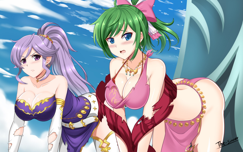 &gt;:( ass bangs belt blush bow breasts cleavage commentary commission dancer dress earrings elbow_gloves fire_emblem fire_emblem:_seisen_no_keifu fire_emblem_heroes gloves green_eyes green_hair hair_bow highres ishtar_(fire_emblem) jewelry large_breasts leen_(fire_emblem) long_hair midriff multiple_girls pelvic_curtain ponytail purple_eyes short_hair silver_hair strapless strapless_dress teardrop tears the-sinner thighhighs torn_clothes torn_gloves