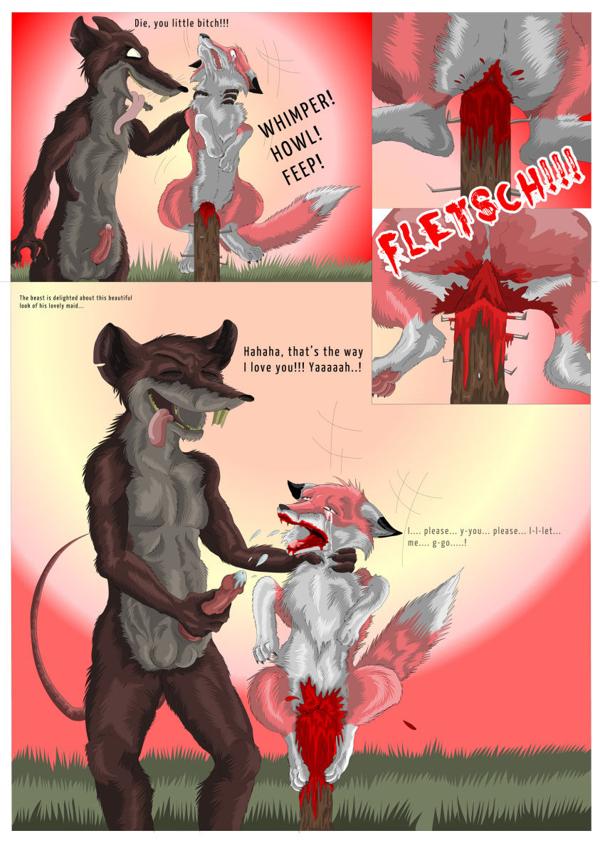 anthro black_fur blood brown_fur buckteeth cage canine carrying chest_tuft claws close-up comic crying dialogue empty_eyes english_text faelis female feral fingering fox fur gore green_eyes grin hi_res imminent_death imminent_pain impalement kora male mammal masturbation multicolored_fur neck_grab open_mouth pawpads pink_fur pole predator/prey pussy pussy_juice rat red_fur restrained rodent screaming smile snuff struggling tears teeth text torture tuft two_tone_fur vaginal white_fur