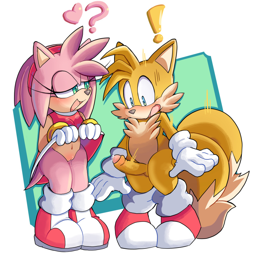 &lt;3 absurd_res amy_rose anthro balls bedroom_eyes blue_eyes bottomless canine chest_tuft clothed clothing clothing_lift dipstick_tail erection female flashing fluffy fluffy_tail footwear fox gloves green_eyes hairband half-closed_eyes hedgehog hi_res male male/female mammal miles_prower multi_tail multicolored_tail no_underwear open_mouth penis precum pussy seductive senshion shocked shoes simple_background skirt skirt_lift sonic_(series) tuft uncut