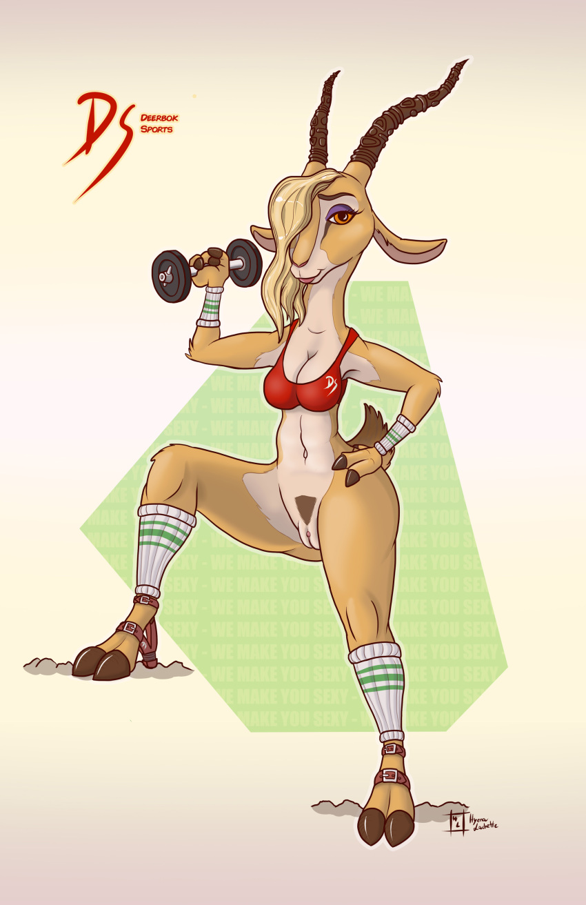 antelope anthro blonde_hair bottomless bra breasts brown_eyes cleavage clitoris clothed clothing cloven_hooves disney female fitness gazelle gazelle_(zootopia) hair hooves horn hyenatig_(artist) legwear long_hair mammal pubes pussy simple_background socks solo sport standing underwear zootopia