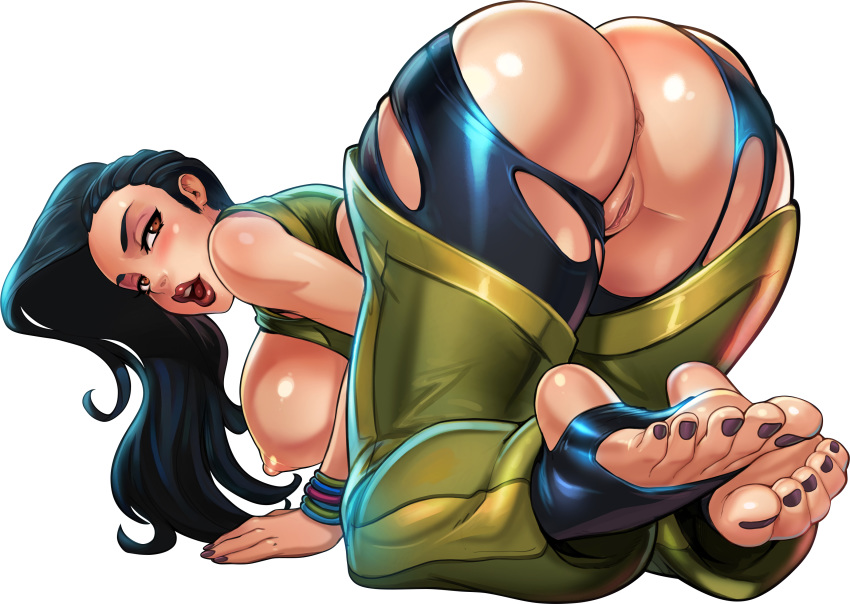 1girl all_fours anus ass asymmetrical_hair barefoot black_hair blush breasts brown_eyes capcom curvy dark_skin edit feet female foot hips huge_ass large_breasts laura_matsuda long_hair looking_back nipples no_panties pussy reiq shiny smile solo street_fighter street_fighter_v thick_thighs thighs toes uncensored wide_hips