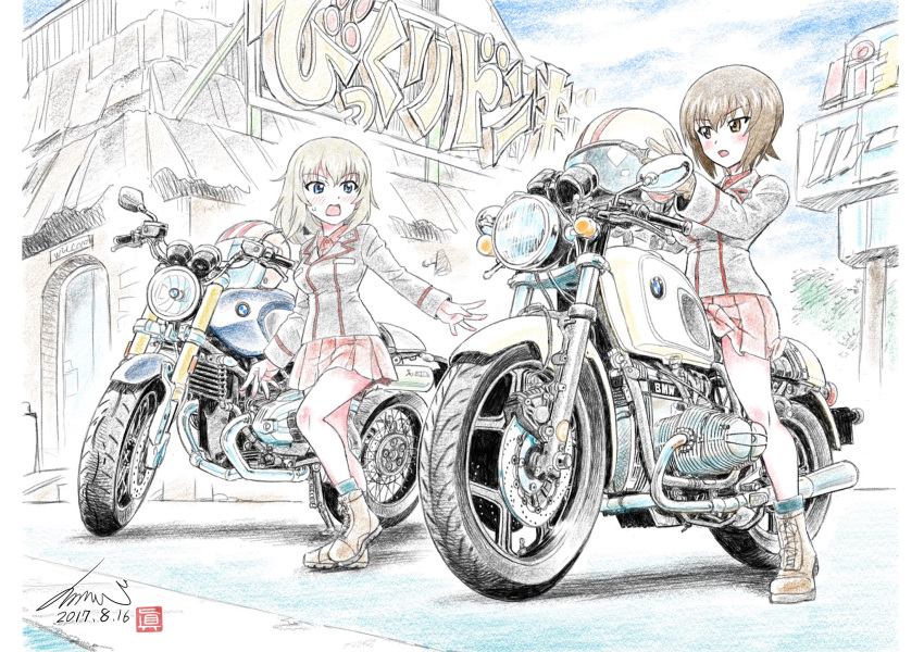 ankle_boots artist_name bangs black_footwear black_jacket black_legwear blush bmw boots brown_eyes brown_hair building closed_mouth cloud cloudy_sky commentary cross-laced_footwear dated day dress_shirt eyebrows_visible_through_hair frown girls_und_panzer ground_vehicle helmet highres holding itsumi_erika jacket kubota_shinji kuromorimine_military_uniform lace-up_boots long_hair long_sleeves looking_at_another military military_uniform miniskirt motor_vehicle motorcycle motorcycle_helmet multiple_girls nishizumi_maho on_motorcycle open_mouth outdoors pleated_skirt red_shirt red_skirt riding shirt short_hair signature sitting skirt sky socks standing sweatdrop translation_request uniform vehicle_request watermark
