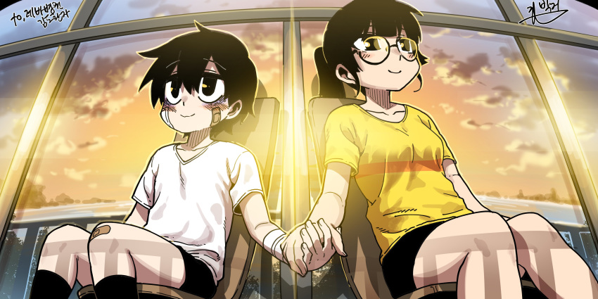 1girl absurdres bags_under_eyes bandage_on_face bandages black_eyes black_hair blush glasses highres holding_hands korean korean_commentary lee_hoon librarian_(suicide_boy) long_hair parkgee ponytail shirt shorts smile suicide_boy t-shirt