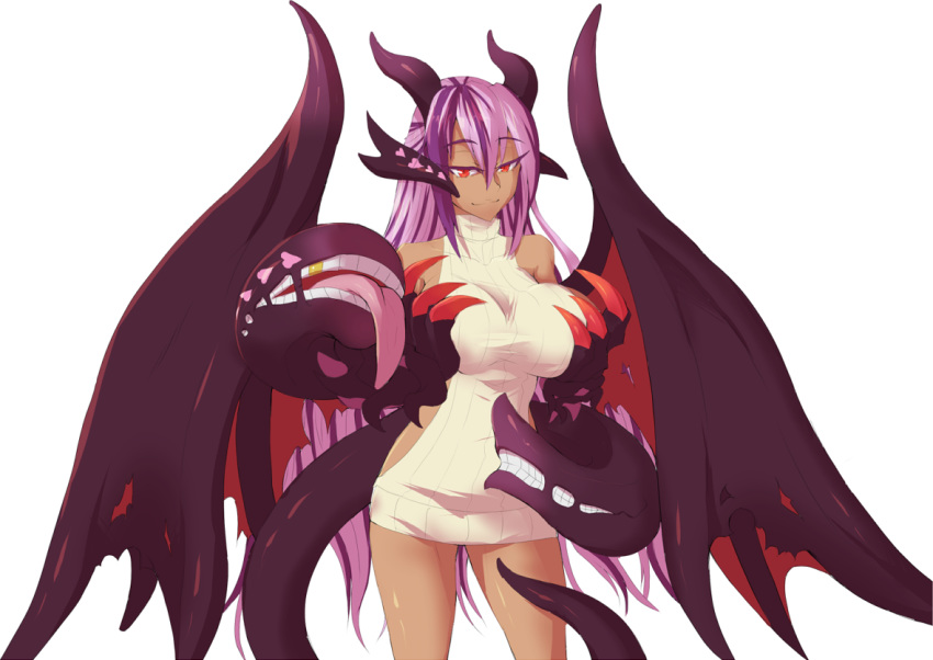 animal_ears bangs bare_shoulders claws closed_mouth commission cowboy_shot cyzir_visheen dragon_horns dragon_tail dragon_wings eyebrows_visible_through_hair gold_teeth hair_between_eyes heart horns jabberwock_(monster_girl_encyclopedia) long_hair looking_at_viewer monster_girl_encyclopedia multicolored_hair purple_hair red_eyes ribbed_sweater smile solo standing streaked_hair sweater sweater_vest tail tentacles transparent_background very_long_hair wings