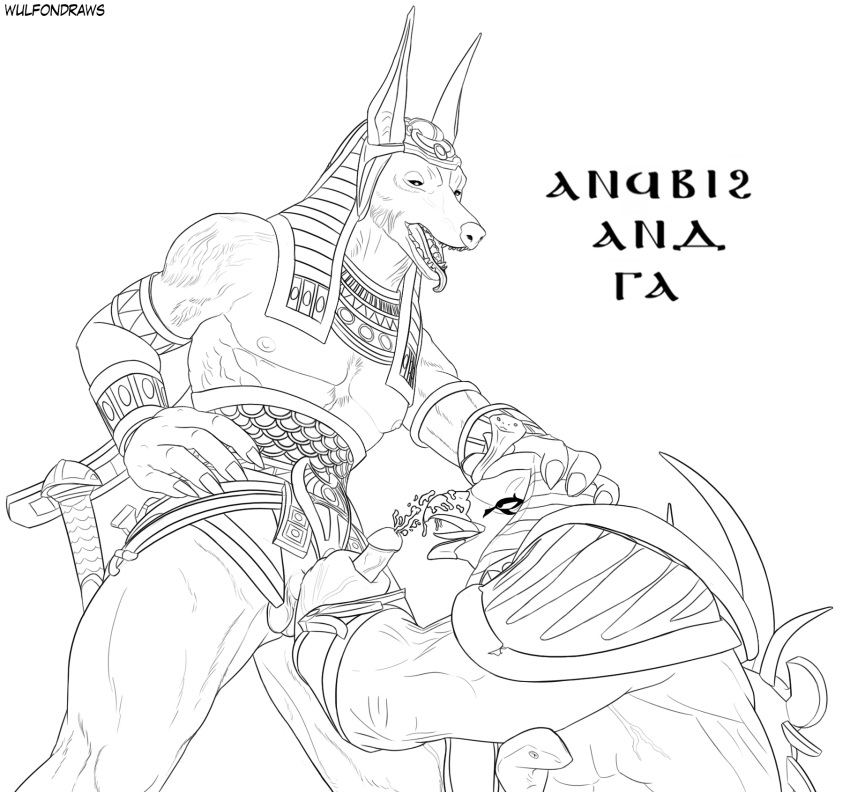 2018 anthro anubis avian balls beak bird canine cum cum_on_beak deity digital_media_(artwork) duo egyptian egyptian_mythology erection falcon fellatio hi_res humanoid_penis male mammal masturbation muscular nipples open_mouth oral penis penis_grab ra sex small_balls smite tongue video_games wulfondraws