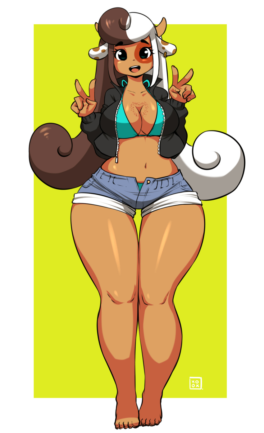 5_fingers 5_toes animal_humanoid barefoot big_breasts bikini bikini_top bovine breasts brown_hair cleavage clothed clothing cow_humanoid dark_skin ear_piercing eyebrows eyelashes female freckles hair hi_res horn humanoid jacket kenron_toqueen klara_(monster_girl_gamu) mammal midriff monster_girl_gamu multicolored_hair navel open_mouth piercing solo swimsuit thick_thighs toes two_tone_hair v_sign white_hair wide_hips