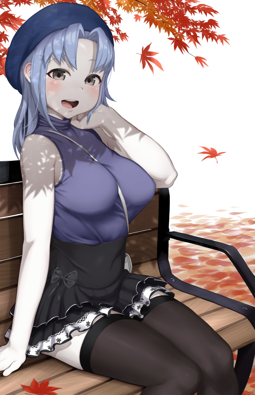 1girl arm_at_side arm_up autumn_leaves bag bare_arms bench between_breasts black_bow black_legwear black_skirt blue_hair blue_hat blush bow breasts commentary_request cookie_(touhou) eyebrows_visible_through_hair flour_(cookie) handbag hat high-waist_skirt highres kumoi_ichirin large_breasts lips long_hair looking_at_viewer miniskirt open_mouth pale_skin park_bench shade silver_hair sinzen sitting skirt smile snowflake_print solo strap_cleavage thighhighs touhou