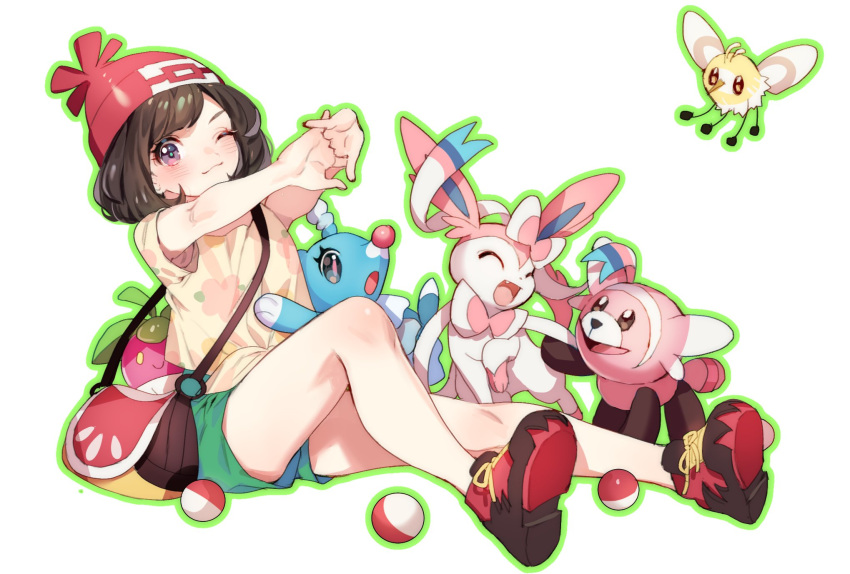 armpit_peek bag beanie black_hair bounsweet brionne cutiefly gen_6_pokemon gen_7_pokemon green_shorts handbag hat highres interlocked_fingers mizuki_(pokemon) one_eye_closed outstretched_arms poke_ball pokemon pokemon_(creature) pokemon_(game) pokemon_sm red_hat shirt shoes short_hair short_sleeves shorts simple_background sitting stufful sylveon tied_shirt white_background zuizi