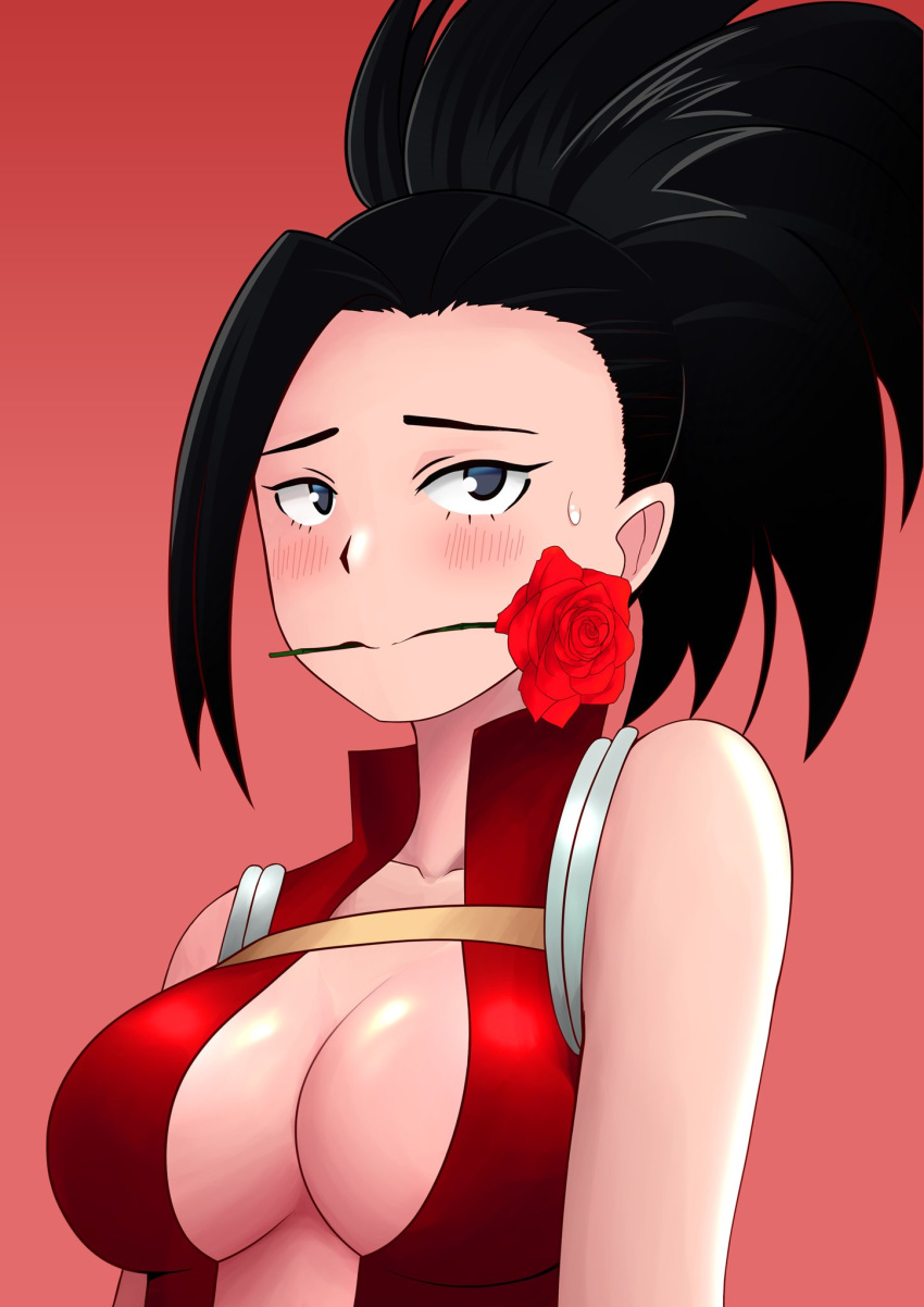 arms_at_sides bangs bare_arms black_hair blue_eyes blush boku_no_hero_academia breasts center_opening closed_mouth collarbone embarrassed flower flower_in_mouth forehead from_side halterneck high_ponytail highres leotard looking_at_viewer medium_breasts medium_hair mouth_hold pink_background ponytail raised_eyebrows red_flower red_leotard red_rose rose shiny shiny_skin sideways_glance simple_background solo sweatdrop the_only_shoe turtleneck upper_body wide_ponytail yaoyorozu_momo