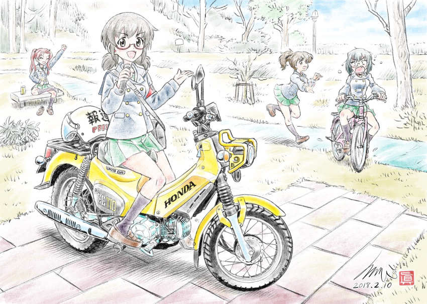 artist_name bag bangs bench bicycle black_hair black_legwear blouse blue_coat brown_footwear closed_eyes cloud cloudy_sky commentary constricted_pupils dated day eyebrows_visible_through_hair fang flying_sweatdrops food frown girls_und_panzer glasses grass green_skirt ground_vehicle highres holding holding_food honda honda_cross_cub kadotani_anzu kawashima_momo koyama_yuzu kubota_shinji loafers logo long_hair long_sleeves looking_at_another looking_at_viewer medium_hair microphone miniskirt monocle motor_vehicle motorcycle multiple_girls on_motorcycle ooarai_school_uniform open_mouth ou_taiga outdoors park park_bench pleated_skirt raised_fist riding running sailor_collar satchel school_uniform semi-rimless_eyewear serafuku shoe_removed shoes short_hair short_ponytail signature sitting skirt sky smile socks standing tree twintails under-rim_eyewear v-shaped_eyebrows walkway watermark winter_uniform