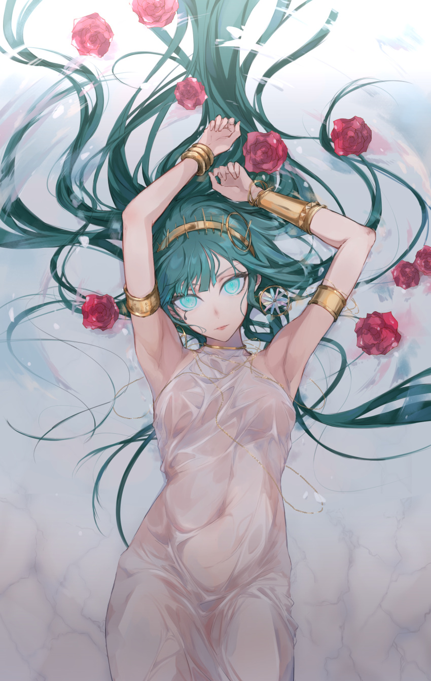 absurdres aqua_eyes armlet armpits arms_up ashita_kura bad_id bad_pixiv_id bracelet bracer cleopatra_(fate/grand_order) commentary_request earrings eyebrows_visible_through_hair facial_mark fate/grand_order fate_(series) flower green_hair highres jewelry long_hair looking_at_viewer lying necklace on_back rose see-through solo