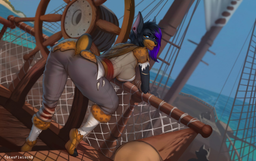 anthro bent_over black_hair blue_eyes breast_squish breasts butt canine clothed clothing doberman dog female fur hair looking_back mammal multicolored_hair pirate_ship presenting presenting_hindquarters purple_hair smile solo totesfleisch8 two_tone_hair zoey_(dirtyrenamon)
