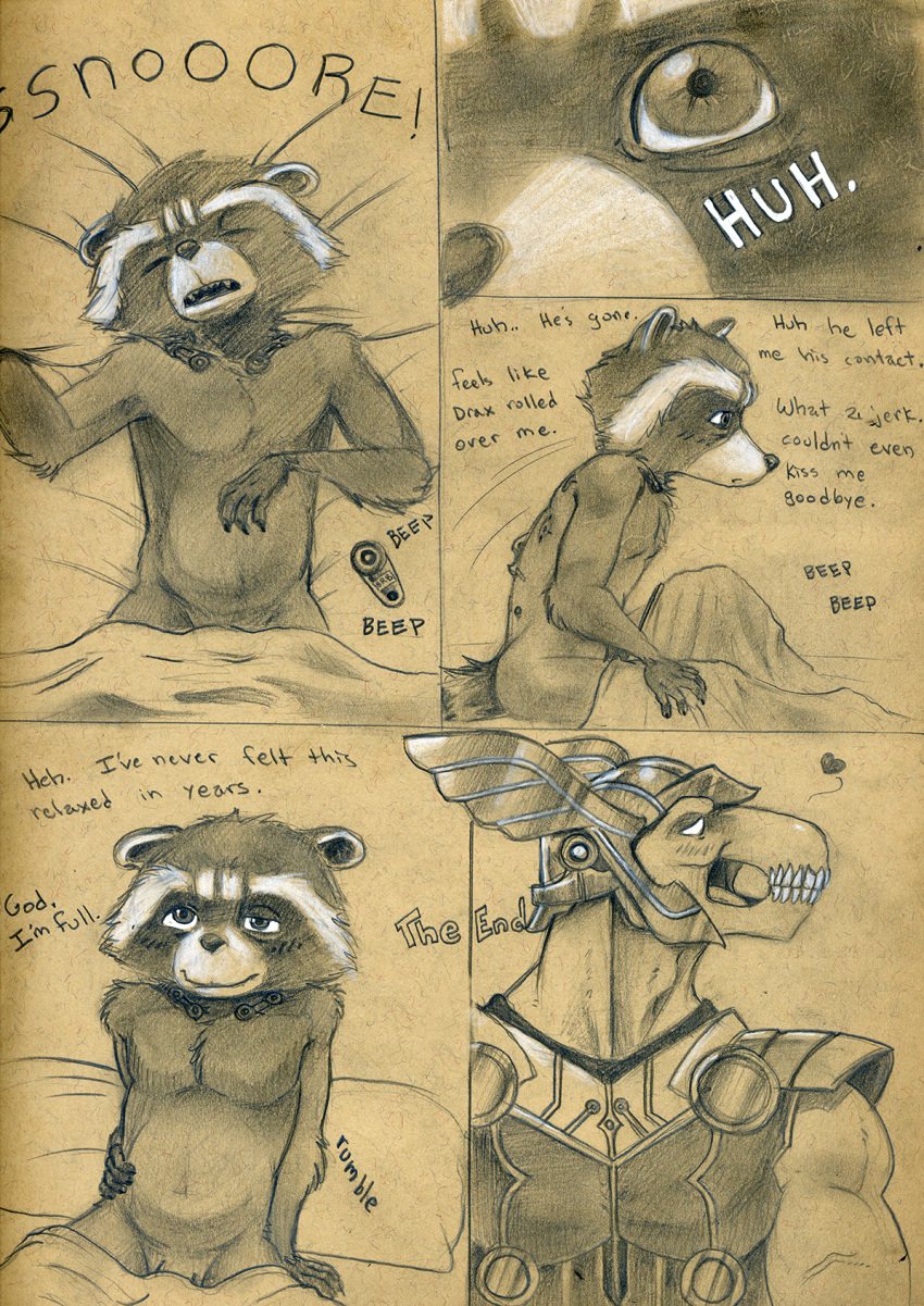 anthro beta_ray_bill english_text guardians_of_the_galaxy male mammal marvel procyonid raccoon rocket_raccoon sleeping text tush