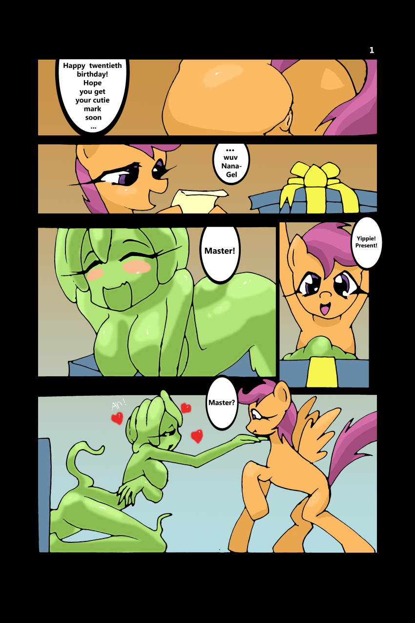 2015 big_breasts breasts butt comic duo equine eyelashes female feral friendship_is_magic hi_res horse mammal my_little_pony nana_gel pony scootaloo_(mlp) slime text