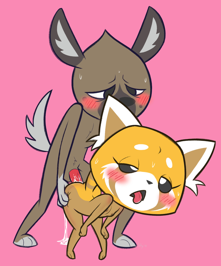 1boy 1girl aggressive_retsuko animal_ears artist_name ass_grab barefoot bent_over black_eyes black_sclera blush cum cum_in_pussy dated erection flat_chest full_body furry haida half-closed_eyes hands_on_knees hetero highres interspecies jobbythehong nipples no_humans nude open_mouth panda_ears paws penis pigeon-toed pink_background retsuko sex signature simple_background standing sweat tail tongue tongue_out uncensored uneven_eyes vaginal white_eyes