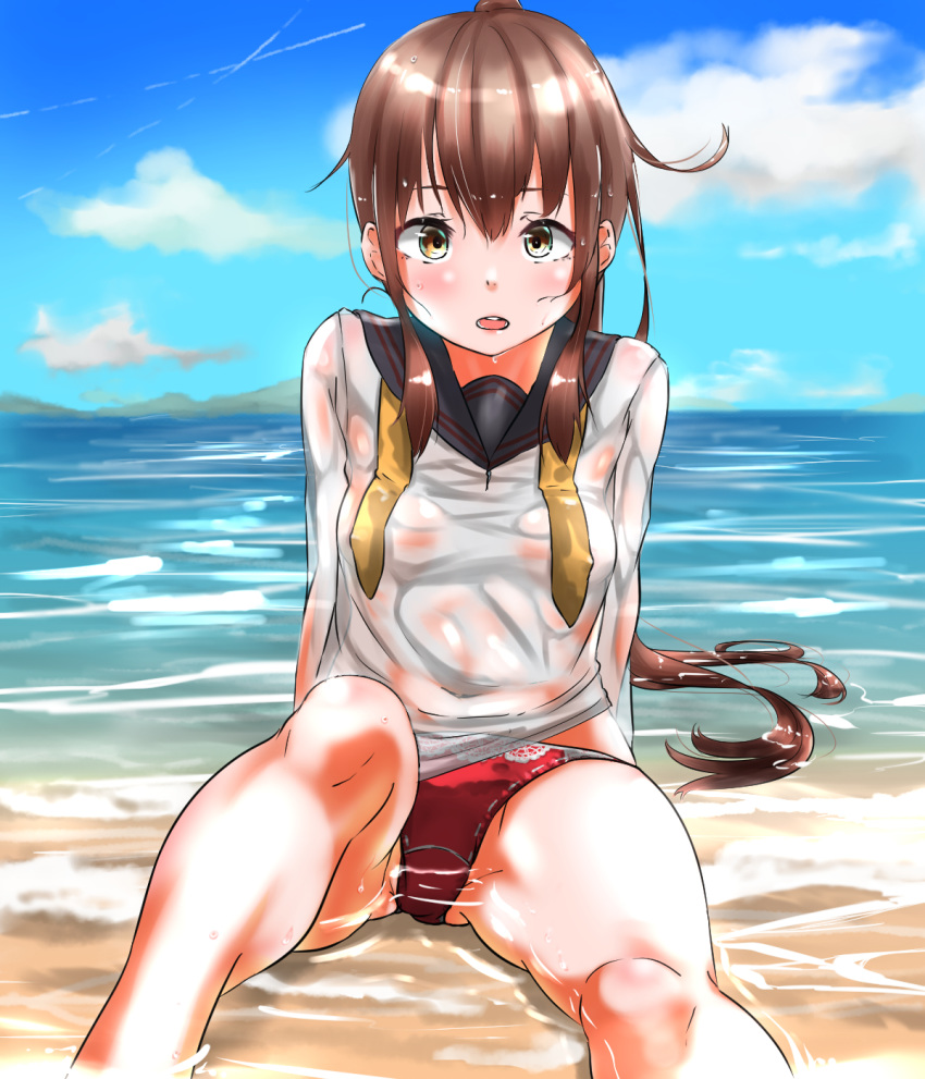 blush breasts brown_eyes brown_hair cloud cloudy_sky commentary_request covered_navel day eyebrows_visible_through_hair fumizuki_(kantai_collection) hair_between_eyes highres kantai_collection lace lace-trimmed_panties long_hair long_sleeves looking_at_viewer neckerchief no_bra ocean open_mouth panties ponytail red_panties remodel_(kantai_collection) school_uniform see-through serafuku shirt sidelocks sitting sky small_breasts solo tama_(seiga46239239) underwear wet wet_clothes wet_hair wet_panties wet_shirt