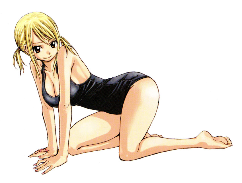 all_fours bare_shoulders barefoot blonde_hair breasts brown_hair cleavage fairy_tail full_body large_breasts long_hair looking_at_viewer lucy_heartfilia mashima_hiro official_art one-piece_swimsuit scan simple_background smile solo swimsuit tattoo twintails white_background