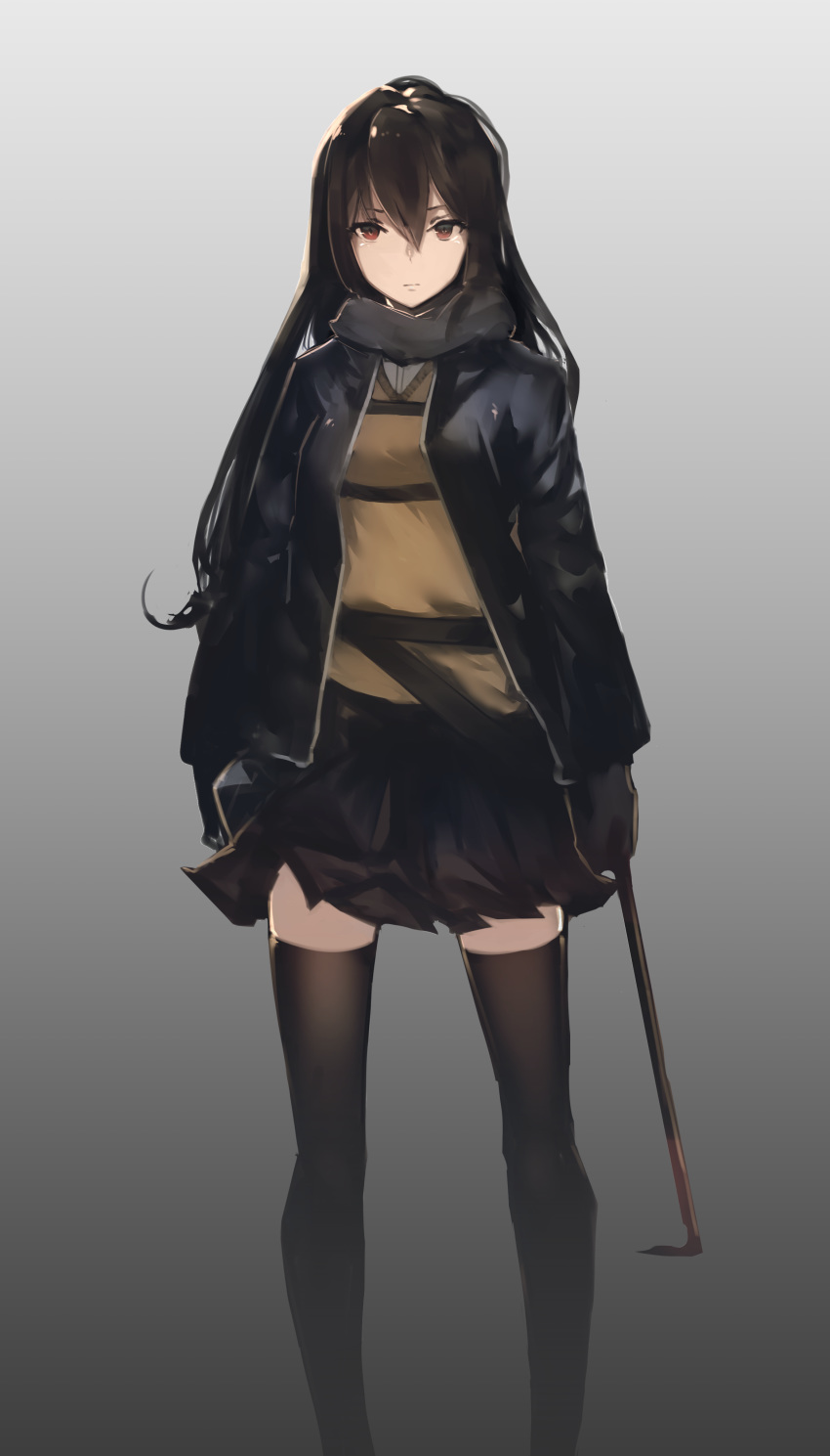 absurdres beige_sweater black_coat black_hair black_legwear black_skirt brown_eyes closed_mouth commentary doodle fixro2n gloves gradient gradient_background grey_background grey_scarf highres hook_hand long_hair looking_at_viewer original red_eyes scarf skirt solo standing weapon