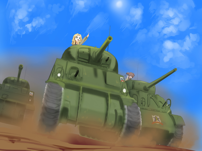 2girls absurdres alisa_(girls_und_panzer) blonde_hair blue_eyes breasts brown_hair caterpillar_tracks cloud day dirt emblem girls_und_panzer ground ground_vehicle highres kay_(girls_und_panzer) long_hair m4_sherman military military_vehicle motor_vehicle multiple_girls poligon_(046) saunders_(emblem) saunders_military_uniform sherman_firefly short_hair sky smile sun tank