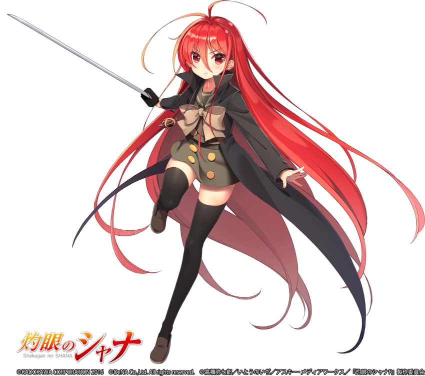 antenna_hair bangs black_cape black_legwear bow brown_bow brown_footwear brown_shirt brown_skirt cape copyright_name eyebrows_visible_through_hair floating_hair highres holding holding_sword holding_weapon leg_up loafers long_hair looking_at_viewer miniskirt official_art red_eyes red_hair school_uniform shakugan_no_shana shana shirt shoes simple_background skirt solo standing standing_on_one_leg sword thighhighs uniform very_long_hair weapon white_background zettai_ryouiki