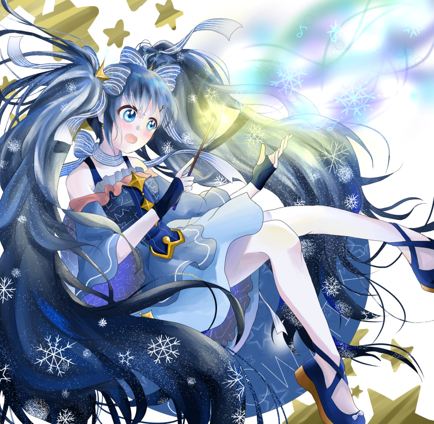 1girl :o bangs black_gloves blue_dress blue_eyes blue_footwear blue_ribbon blush bow commentary_request constellation_print detached_sleeves dress eyebrows_visible_through_hair fingerless_gloves gloves hair_between_eyes hair_ribbon hatsune_miku highres holding holding_wand layered_dress long_hair musical_note musical_note_print open_mouth platform_footwear rain_(leying2626) ribbon scarf shoe_bow shoes sketch_eyebrows snowflakes solo striped striped_ribbon very_long_hair vocaloid wand white_bow white_stripes wide_sleeves yuki_miku