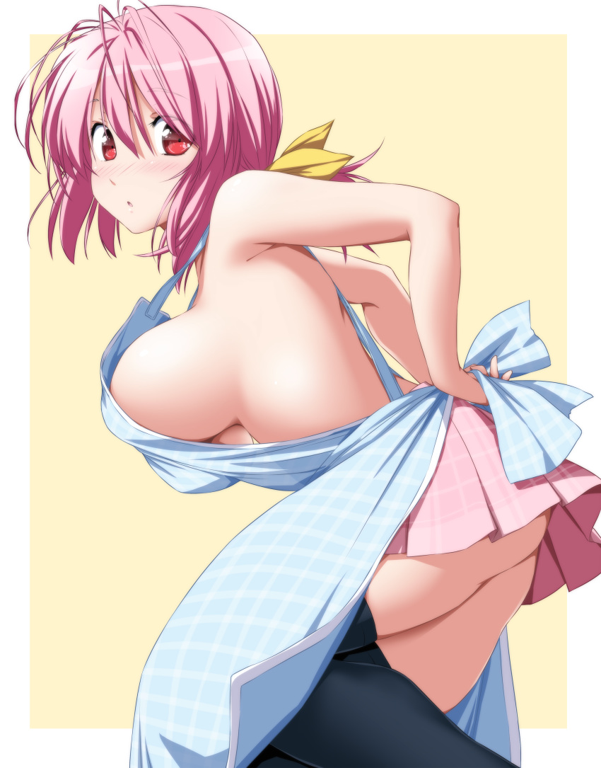 absurdres apron ass bangs black_legwear blush bouncing_breasts breasts commentary_request eyebrows_visible_through_hair hair_between_eyes hair_ribbon highres large_breasts looking_at_viewer nearly_naked_apron nori_tamago nose_blush open_mouth partial_commentary pink_hair pink_skirt plaid plaid_skirt pleated_skirt red_eyes ribbon saigyouji_yuyuko short_hair sideboob simple_background skirt solo tareme thighhighs thighs touhou yellow_ribbon