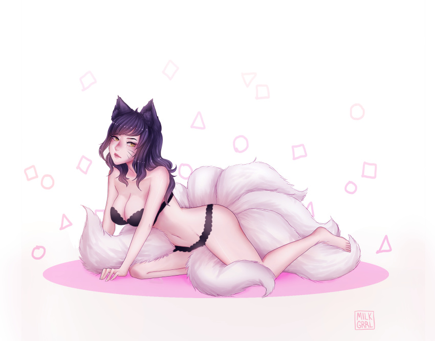 ahri animal_ears artist_logo artist_name bangs black_bra black_hair black_panties blurry blush bra breasts cleavage commentary depth_of_field facial_mark fox_ears fox_girl fox_tail from_side full_body highres large_breasts league_of_legends lips long_hair looking_at_viewer multiple_tails navel nose_blush one_knee panties parted_lips pinup pose shari_cote solo stomach tail underwear underwear_only whisker_markings white_background yellow_eyes