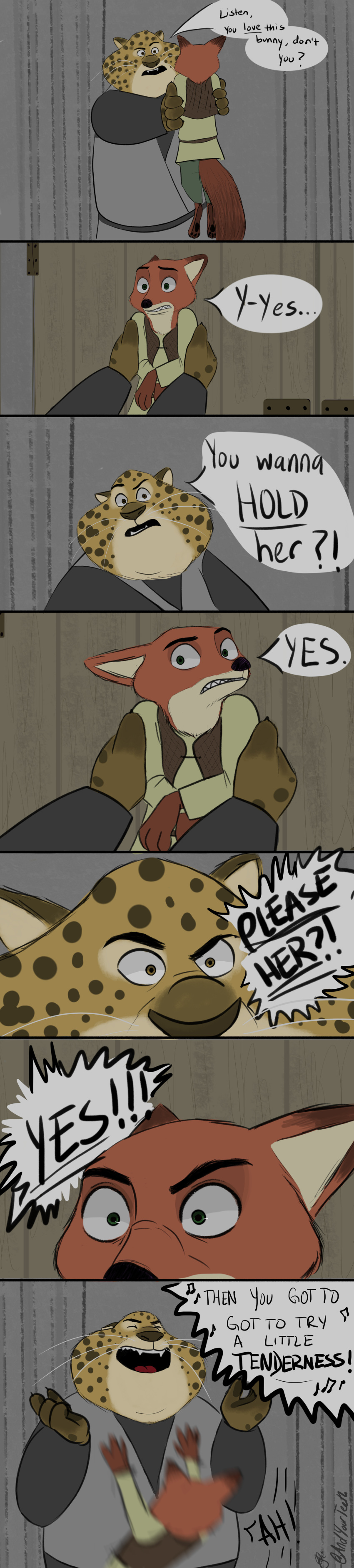 2016 andyourteeth anthro benjamin_clawhauser canine cheetah clothing comic disney feline fox fur green_eyes hi_res male mammal nick_wilde text yellow_eyes zootopia