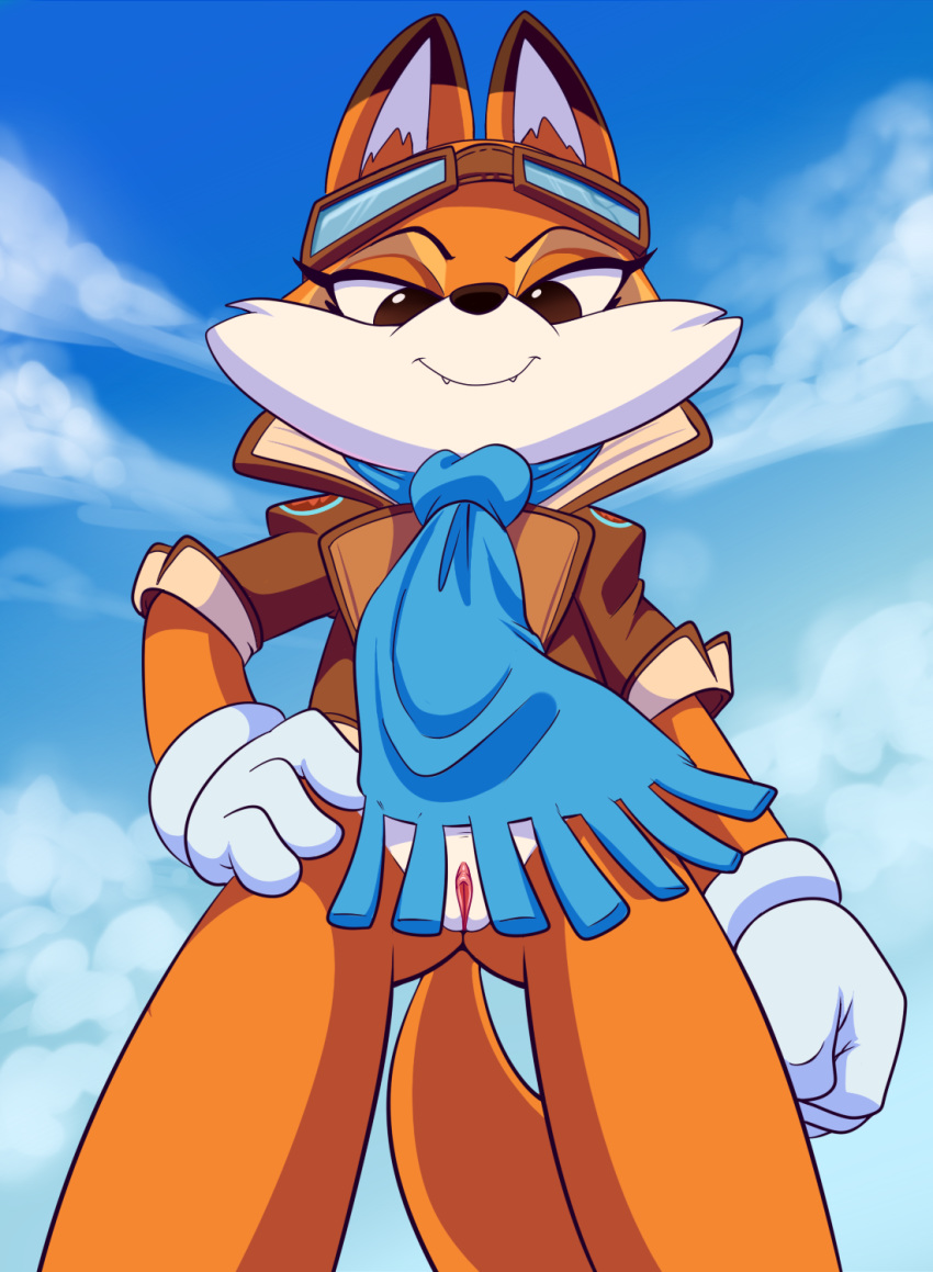 2018 anthro bottomless brown_eyes brown_fur canine clothed clothing eyewear fangs female fox fur gloves goggles half-closed_eyes lonbluewolf looking_at_viewer looking_down lucky's_sister lucky's_tale mammal orange_fur pussy scarf solo super_lucky's_tale teeth white_fur