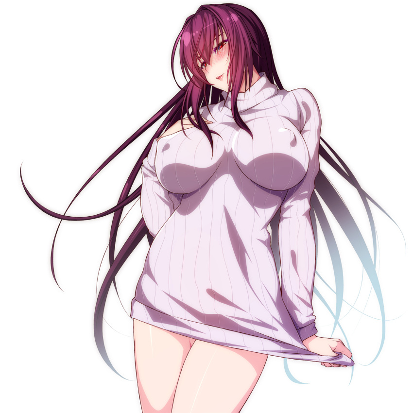 846-gou blush breasts clothes_tug commentary_request covered_nipples eyebrows_visible_through_hair fate/grand_order fate_(series) hair_intakes hand_on_own_chest highres impossible_clothes impossible_sweater large_breasts lips long_hair looking_at_viewer purple_hair red_eyes ribbed_sweater scathach_(fate)_(all) scathach_(fate/grand_order) solo sweater sweater_tug very_long_hair white_background