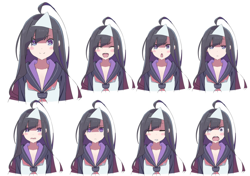 :d :o =_= absurdres ahoge bangs black_hair black_sailor_collar blush_stickers closed_eyes closed_mouth d: diagonal_bangs empty_eyes expressions highres jitome long_hair looking_at_viewer multiple_views neckerchief open_mouth original purple_eyes raglan_sleeves red_neckwear sailor_collar school_uniform serafuku shirt smile tama_(tama-s) tearing_up triangular_headpiece white_shirt wide-eyed yurako-san_(tama)