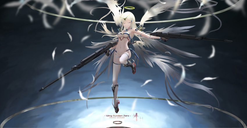 bikini blurry_foreground boots breasts cleavage dual_wielding feathered_wings feathers full_body gloves gun gundam gundam_wing halo headgear highres holding long_hair looking_at_viewer medium_breasts navel solo swimsuit thighhighs wangchuan_de_quanyan weapon white_eyes white_hair wing_gundam_zero wings