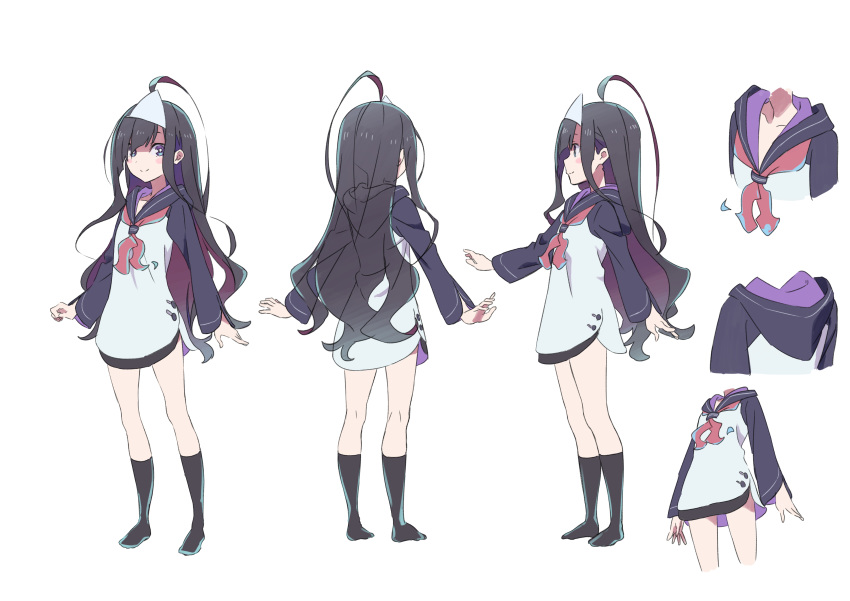 absurdres ahoge bangs black_hair black_legwear black_sailor_collar character_sheet diagonal_bangs highres long_hair looking_at_viewer neckerchief no_shoes original purple_eyes raglan_sleeves red_neckwear sailor_collar school_uniform serafuku shirt smile socks standing tama_(tama-s) triangular_headpiece white_shirt yurako-san_(tama)