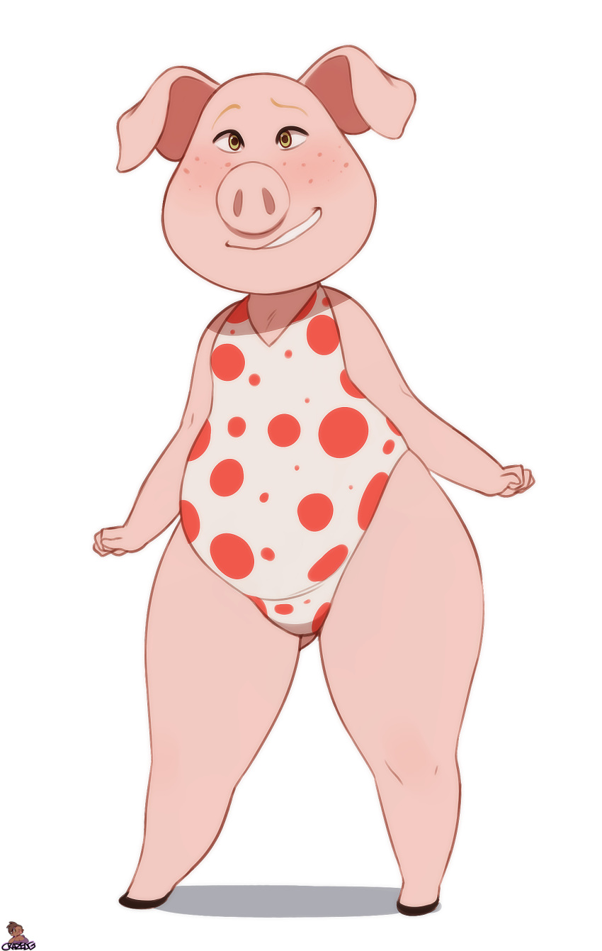 anthro blush clothing crazedg female freckles hi_res looking_at_viewer mammal one-piece_swimsuit pig porcine rosita_(sing) simple_background sing_(movie) slightly_chubby smile solo standing swimsuit white_background yellow_eyes