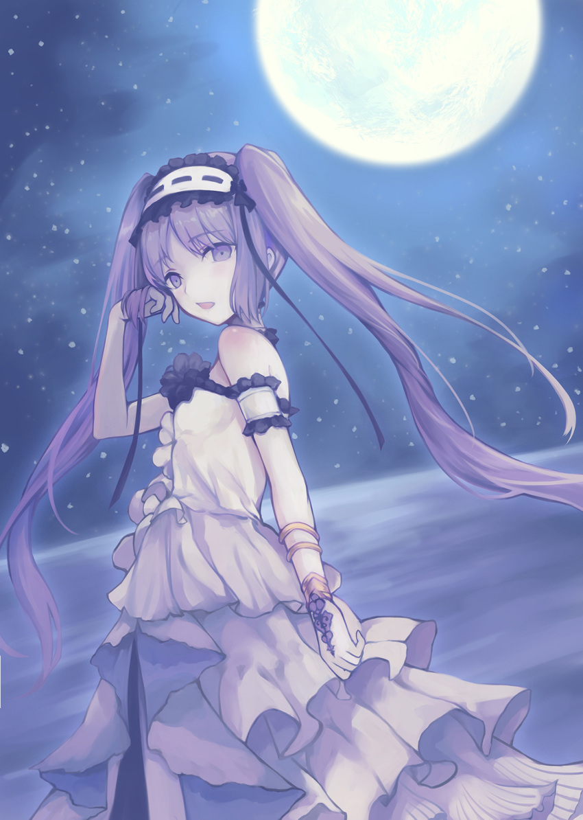 bare_shoulders bk201 black_ribbon choker commentary dress fate/grand_order fate/hollow_ataraxia fate_(series) frills full_moon hairband hand_in_hair highres jewelry lolita_hairband long_hair looking_at_viewer moon night night_sky open_mouth purple_hair ribbon sky star_(sky) stheno twintails very_long_hair white_dress