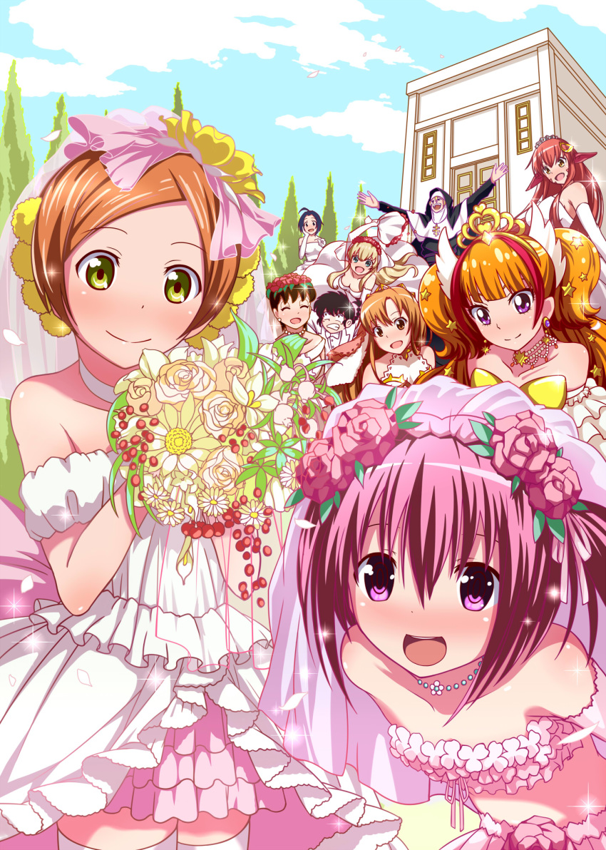 6+girls ahoge amanogawa_kirara annotated arakawa_under_the_bridge asuna_(sao) bekki_natsumi black_hair blonde_hair blue_eyes blue_hair bouquet braid brown_eyes choker clenched_teeth commentary_request cross crossdressing crossover cure_twinkle day doraemon dress earrings elbow_gloves flower formal gloves go!_princess_precure green_eyes green_hair hair_between_eyes hair_flower hair_ornament hairclip hand_on_own_cheek highres hoshizora_rin idolmaster idolmaster_(classic) jewelry lamia long_hair love_live! love_live!_school_idol_project love_wing_bell miia_(monster_musume) minamoto_shizuka minato_tomoka miura_azusa monaral-jiro monster_girl monster_musume_no_iru_nichijou multicolored_hair multiple_boys multiple_crossover multiple_girls necklace no-rin nun orange_hair outdoors outstretched_arms pink_eyes pink_hair pointy_ears precure purple_eyes ranma_1/2 red_hair ringed_eyes rou-kyuu-bu! saotome_ranma short_hair single_braid sister_(arakawa) smile suit sword_art_online teeth thighhighs tiara two-tone_hair wedding_dress white_choker white_dress white_gloves white_legwear white_suit yellow_eyes zettai_ryouiki