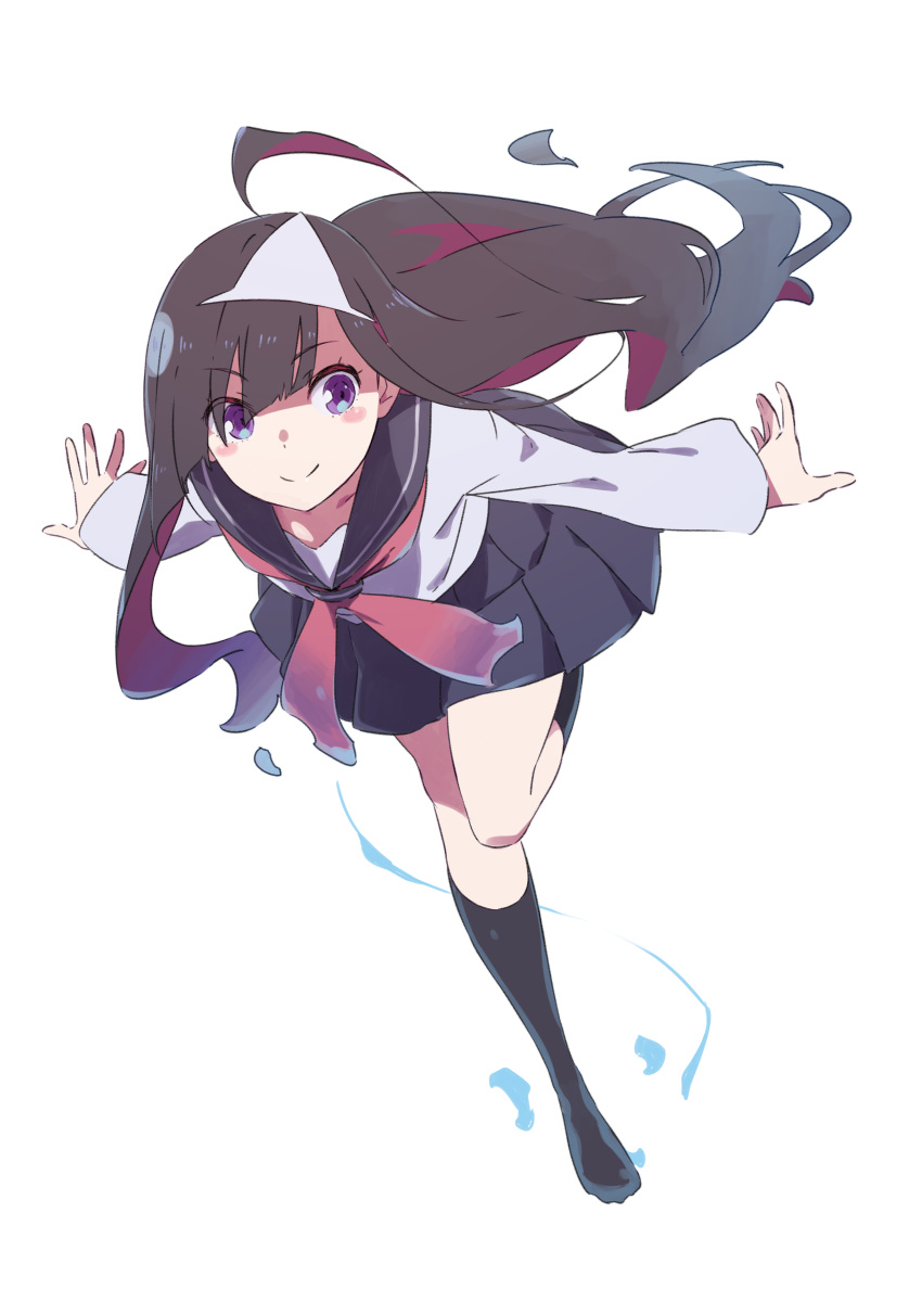 absurdres ahoge black_legwear black_sailor_collar blue_skirt brown_hair closed_mouth eyebrows_visible_through_hair eyes_visible_through_hair full_body ghost highres long_hair looking_at_viewer neckerchief original pleated_skirt purple_eyes red_neckwear sailor_collar school_uniform serafuku skirt smile socks standing standing_on_one_leg tama_(tama-s) triangular_headpiece yurako-san_(tama)