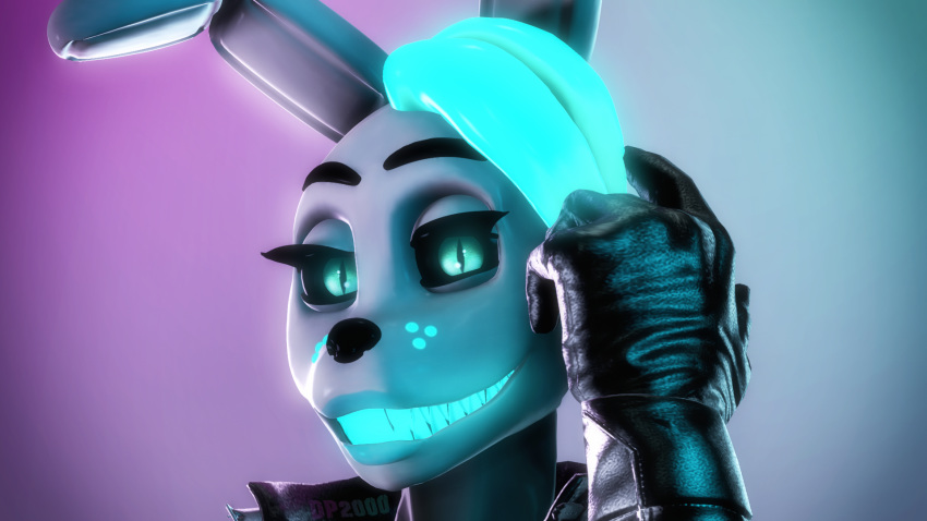 2018 3d_(artwork) animatronic anthro clothing digital_media_(artwork) doctorpurple2000 fan_character female five_nights_at_freddy's gloves hair lagomorph leather leather_gloves looking_at_viewer machine mammal pointy_teeth rabbit robot simple_background smile solo source_filmmaker video_games
