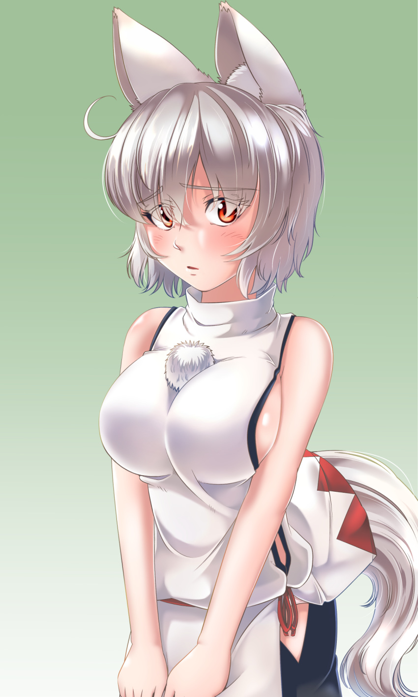 animal_ears bare_shoulders black_skirt breasts gradient gradient_background hair_over_eyes hat highres inubashiri_momiji kouno_ibuki large_breasts looking_at_viewer medium_skirt open_mouth panties pom_pom_(clothes) red_eyes shirt short_hair sideboob silver_hair skirt sleeveless sleeveless_shirt solo tail tokin_hat touhou turtleneck underwear white_shirt wide_sleeves wolf_ears wolf_tail