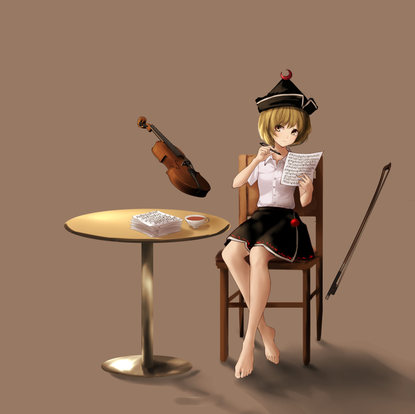 absurdres adapted_costume arm_up barefoot black_skirt blonde_hair bow_(instrument) breasts brown_background chair crescent crossed_legs cup floating frown hat highres inoshin_(inixia1748) instrument levitation looking_at_viewer lunasa_prismriver paper_stack pen shadow sheet_music shirt short_hair short_sleeves simple_background sitting skirt small_breasts solo table teacup touhou violin white_shirt yellow_eyes