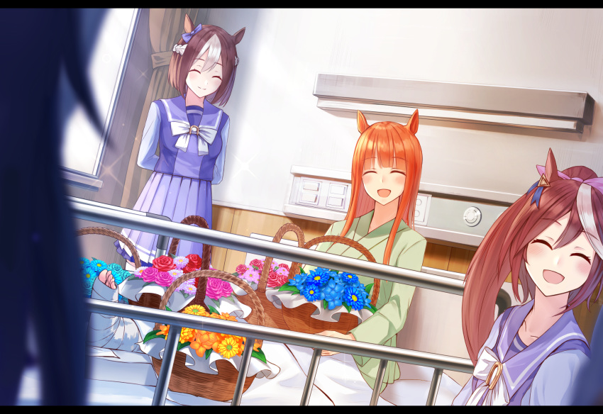 :d ^_^ animal_ears bangs bed blunt_bangs bow brown_hair cast closed_eyes commentary_request eyebrows_visible_through_hair flower flower_basket hair_ribbon harukana_(harukana_10) highres horse_ears horse_girl hospital hospital_bed indoors long_hair long_sleeves multicolored_hair multiple_girls open_mouth orange_hair ponytail ribbon school_uniform serafuku short_hair silence_suzuka skirt smile special_week thighhighs tokai_teio two-tone_hair umamusume winter_uniform